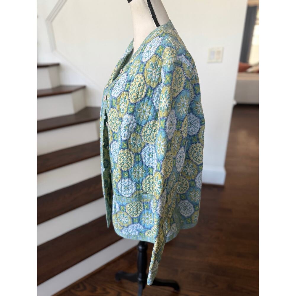 Vintage Green & Blue Reversible Indian Block Print Quilted Mosaic Floral Jacket - Picture 7 of 8